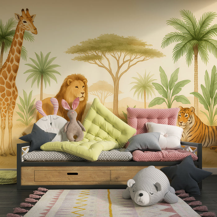 Papier peint chambre enfant | Safari avec animaux majestueux