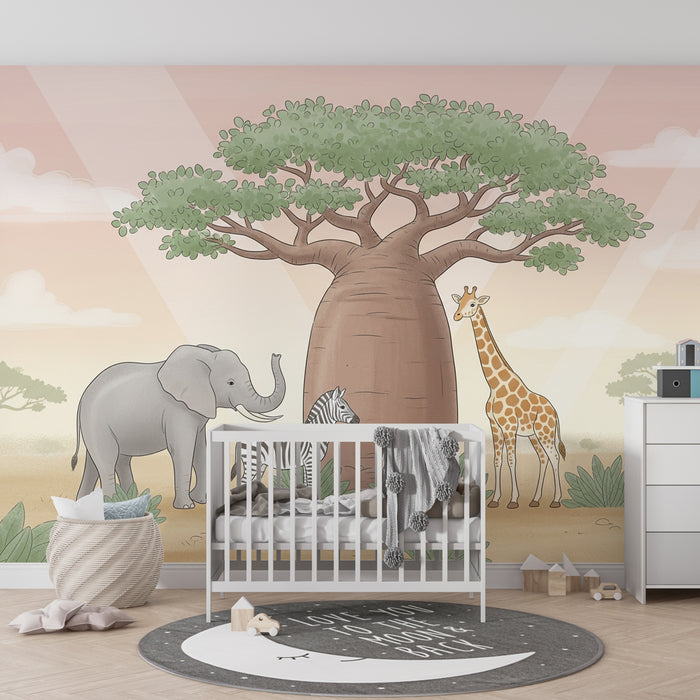 Papier peint chambre enfant | Safari avec éléphant, zèbre et girafe