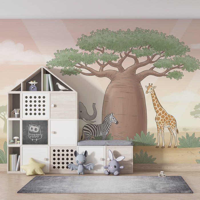 Papier peint chambre enfant | Safari avec éléphant, zèbre et girafe