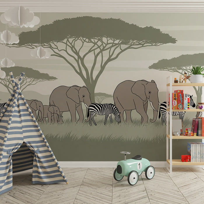 Papier de parede dječje sobe | Safari s slonovima i divljim životinjama
