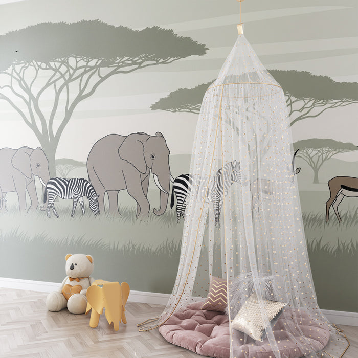 Papier de parede dječje sobe | Safari s slonovima i divljim životinjama