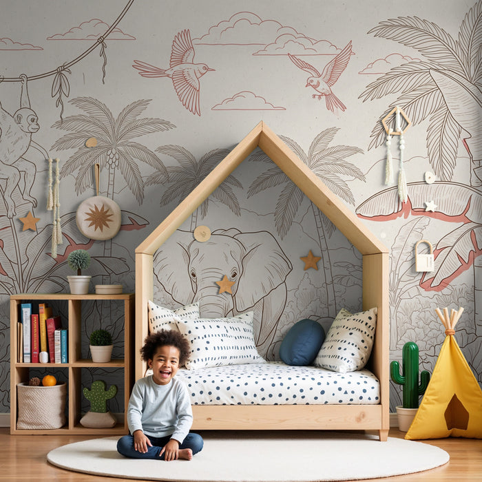 Papier peint chambre enfant | Safari avec éléphants et singes