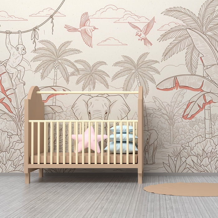 Papier peint chambre enfant | Safari avec éléphants et singes