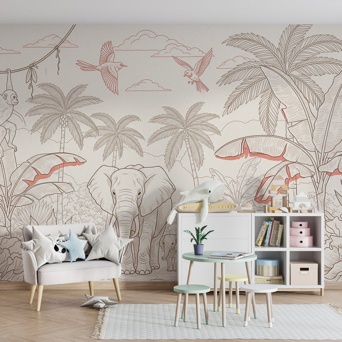 Papier peint chambre enfant | Safari avec éléphants et singes