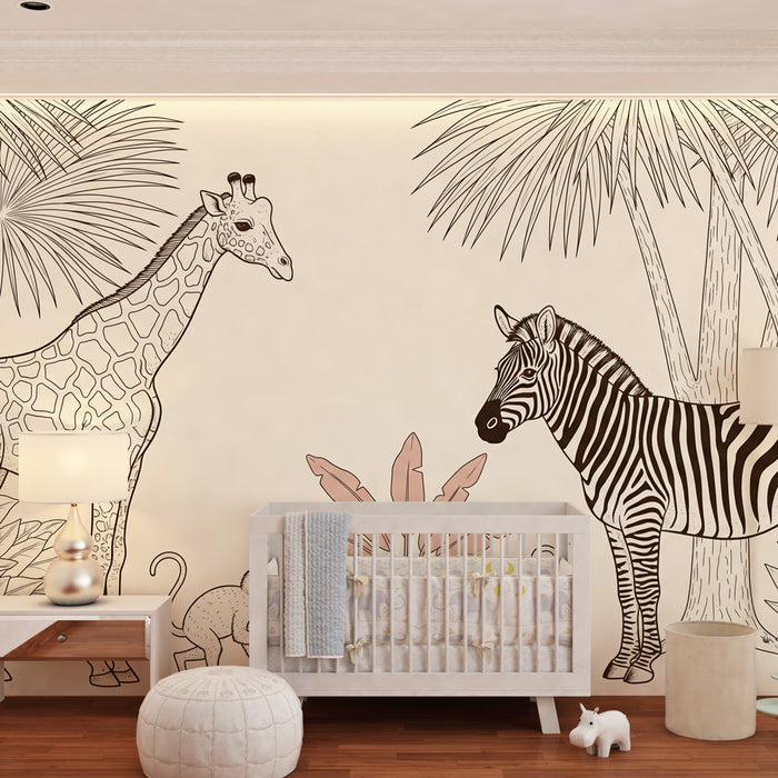 Papel pintado infantil | Safari con jirafa, cebra y divertidos monos