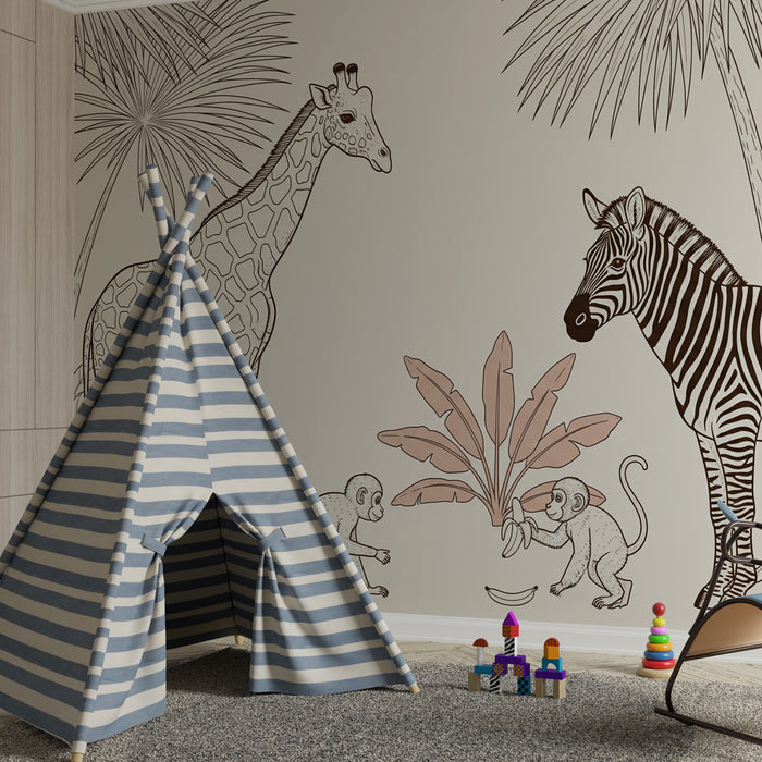 Papel pintado infantil | Safari con jirafa, cebra y divertidos monos