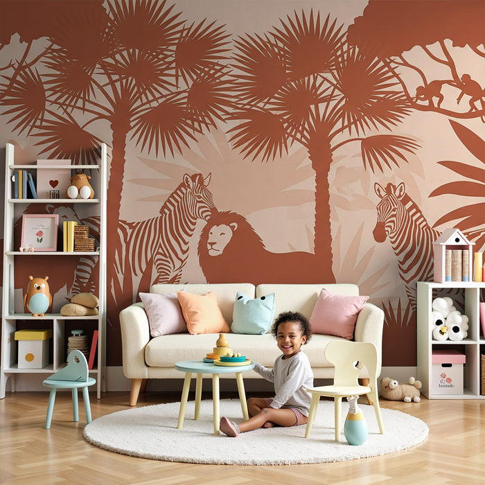 Papier peint chambre enfant | Safari avec lions et zèbres