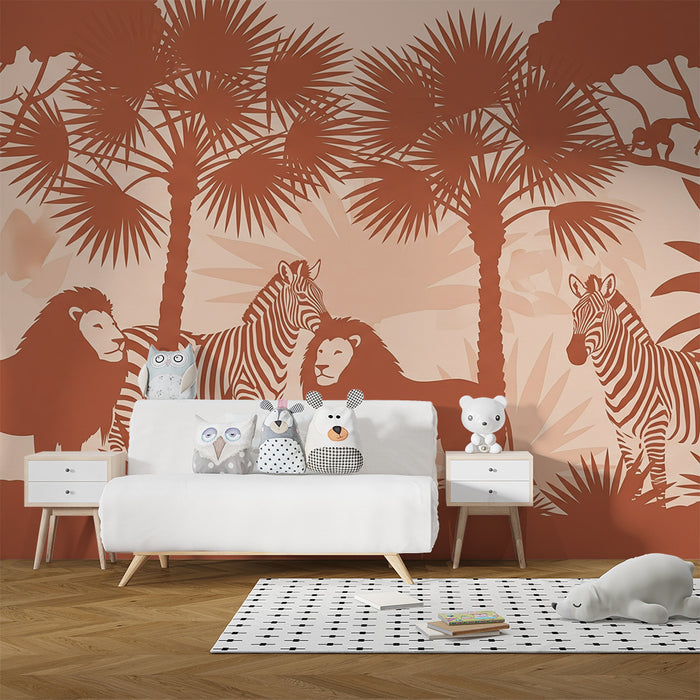 Papier peint chambre enfant | Safari avec lions et zèbres