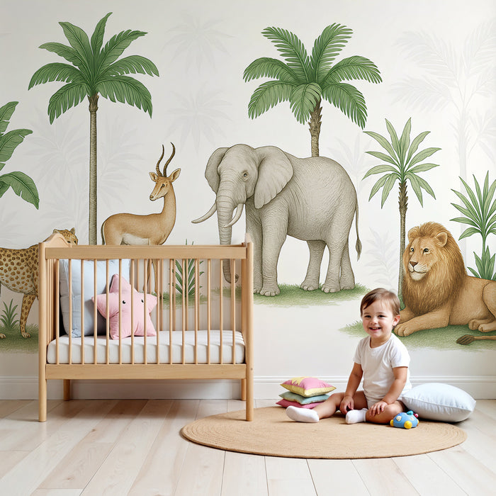 Papier peint chambre enfant | Safari coloré avec animaux d'Afrique