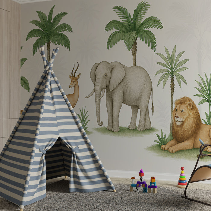 Papier peint chambre enfant | Safari coloré avec animaux d'Afrique