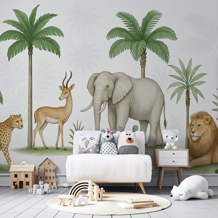Papier peint chambre enfant | Safari coloré avec animaux d'Afrique