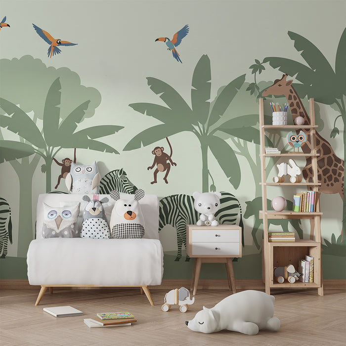 Carta da parati bambini | Safari colorato con animali della giungla