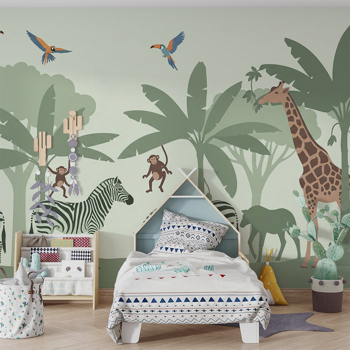 Carta da parati bambini | Safari colorato con animali della giungla