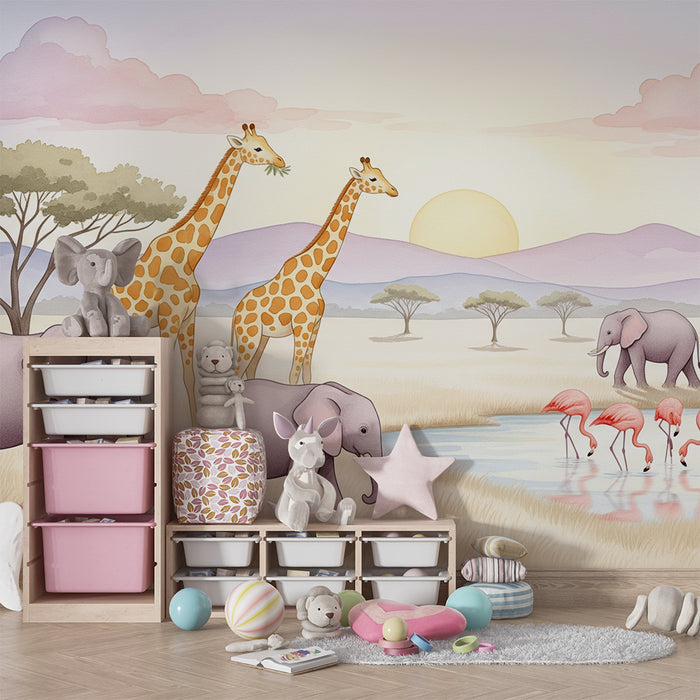 Papel pintado infantil | Safari colorido con animales de la sabana