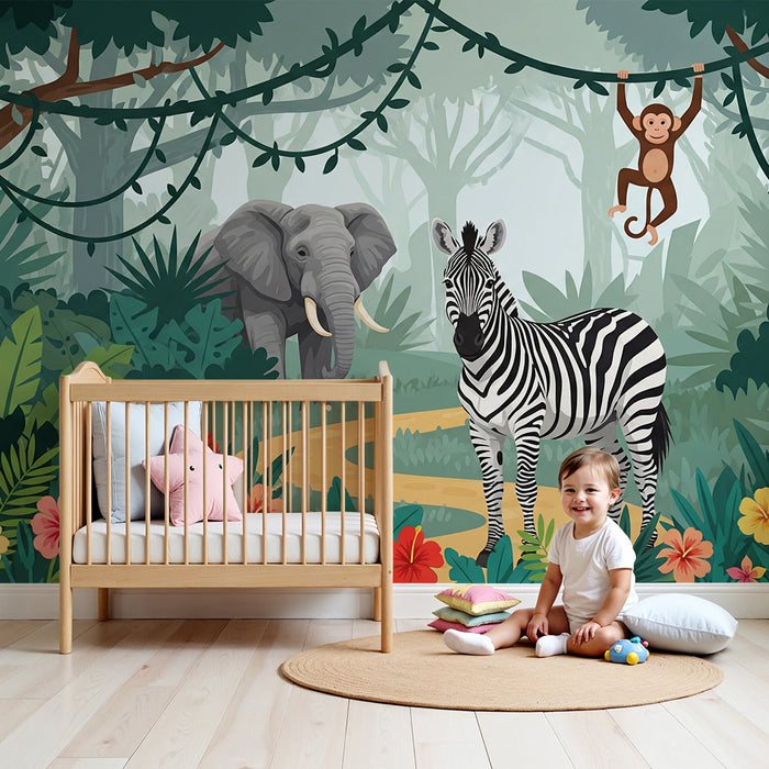 Børnetapet | Farverigt safari med elefant, zebra og abe