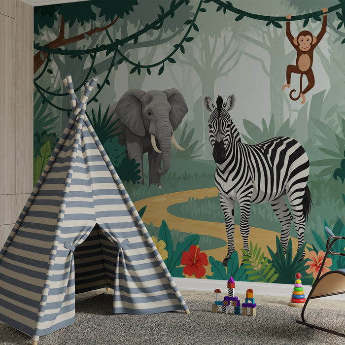 Børnetapet | Farverigt safari med elefant, zebra og abe