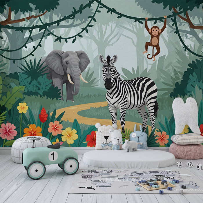 Børnetapet | Farverigt safari med elefant, zebra og abe