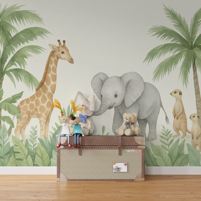 Papier peint chambre enfant | Safari coloré avec éléphants et girafes