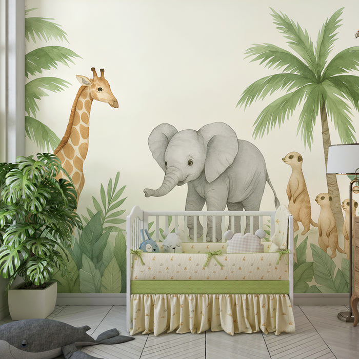 Papier peint chambre enfant | Safari coloré avec éléphants et girafes