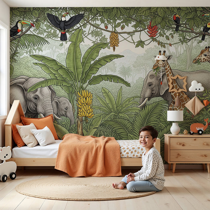 Barntapet | Färgglad safari med elefanter och giraffer i en frodig djungel