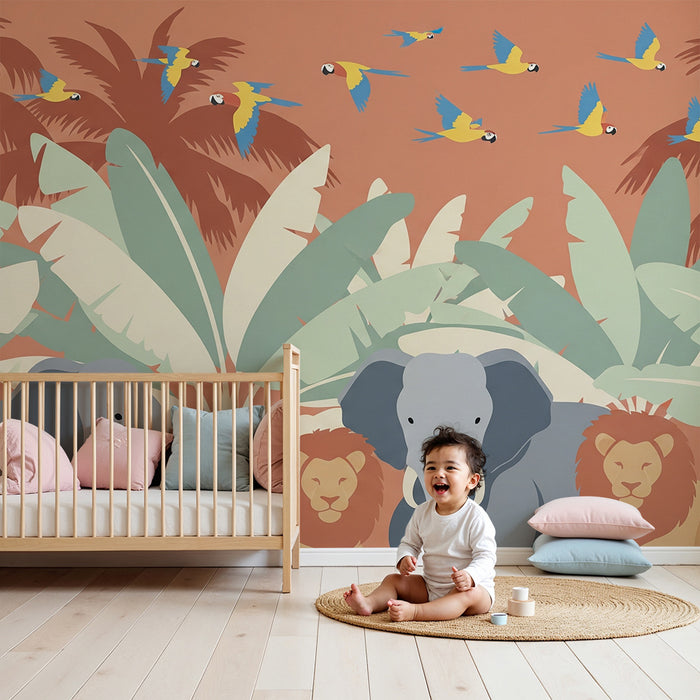 Kinderzimmer Tapete | Bunter Safari mit Elefanten und Löwen