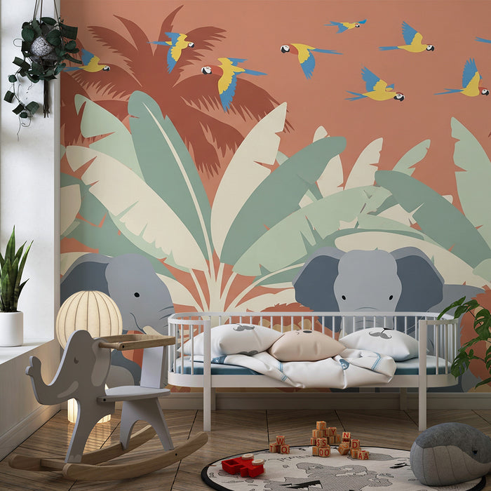 Kinderzimmer Tapete | Bunter Safari mit Elefanten und Löwen