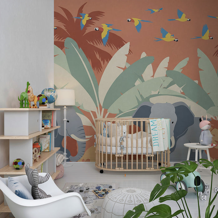Kinderzimmer Tapete | Bunter Safari mit Elefanten und Löwen