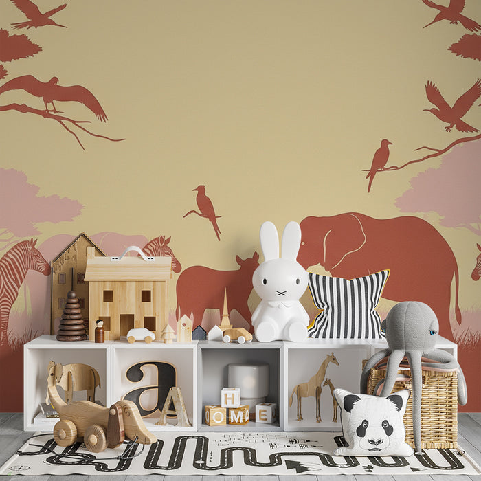 Kinderzimmer Tapete | Bunter Safari mit Elefanten und Zebras