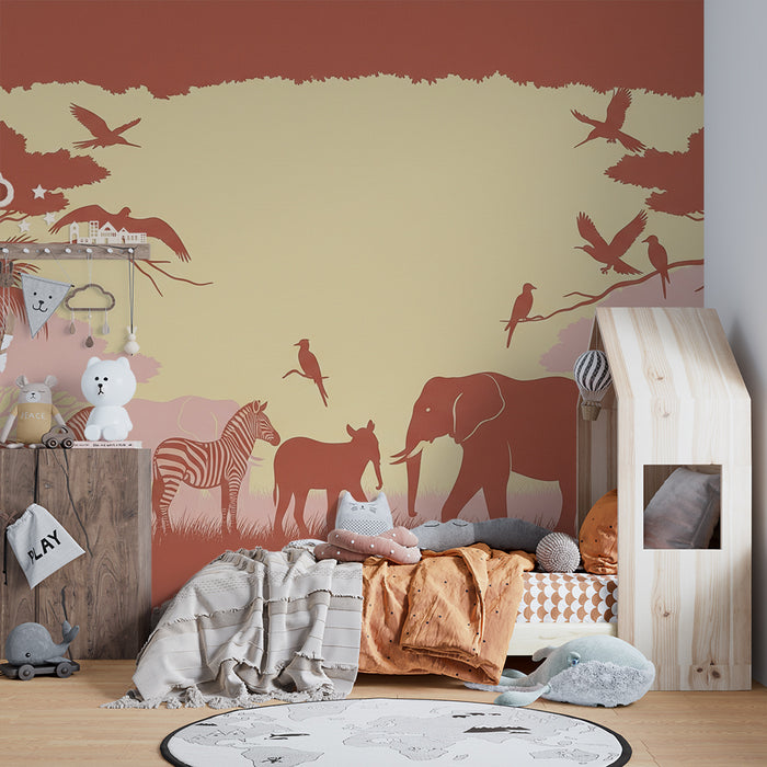 Kinderzimmer Tapete | Bunter Safari mit Elefanten und Zebras