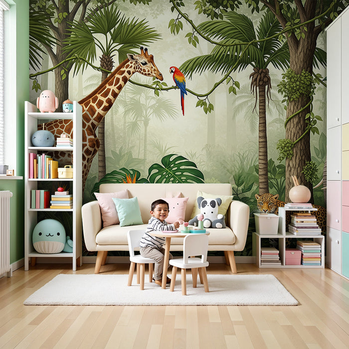 Papel de parede para quarto infantil | Safari colorido com girafa, elefante e leopardo na selva