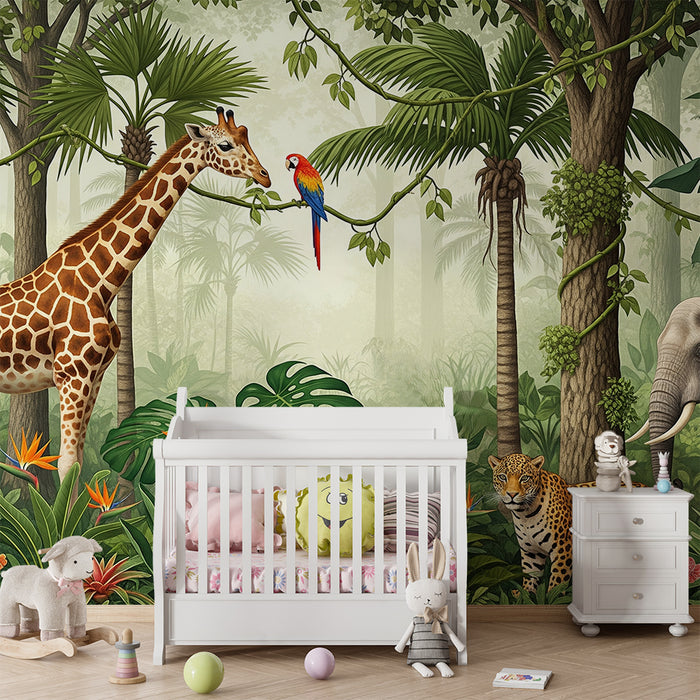 Papel de parede para quarto infantil | Safari colorido com girafa, elefante e leopardo na selva