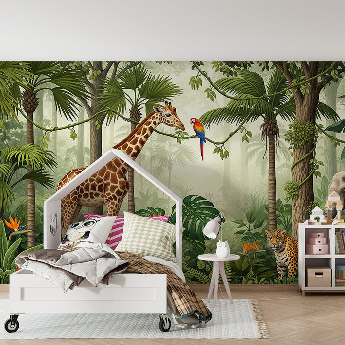 Papel de parede para quarto infantil | Safari colorido com girafa, elefante e leopardo na selva