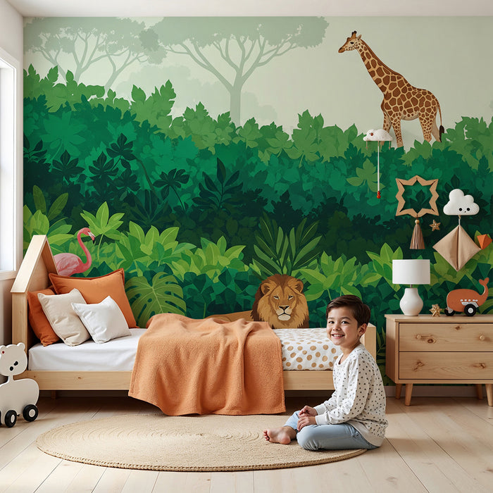 Papel de parede criança | Safari colorido com girafa, leão e flamingo rosa