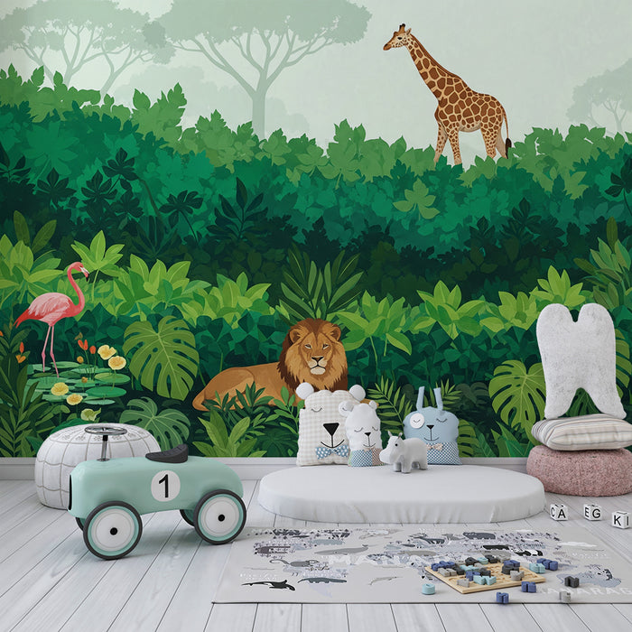 Papel de parede criança | Safari colorido com girafa, leão e flamingo rosa