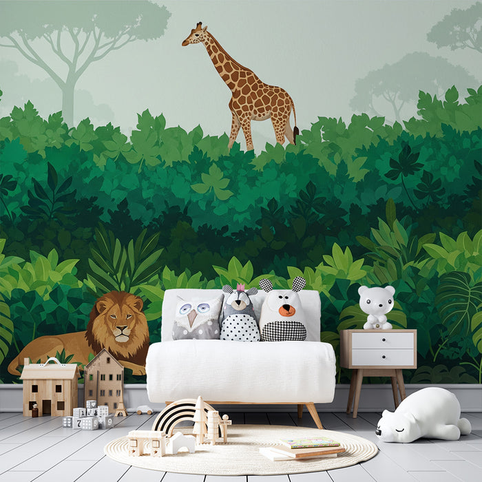 Papel de parede criança | Safari colorido com girafa, leão e flamingo rosa
