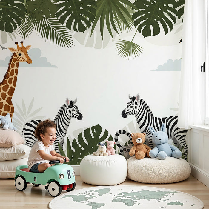Papel pintado infantil | Safari colorido con jirafa, cebras y tucanes