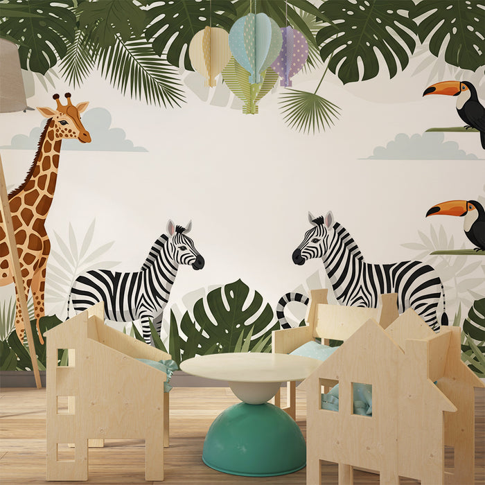 Papel pintado infantil | Safari colorido con jirafa, cebras y tucanes