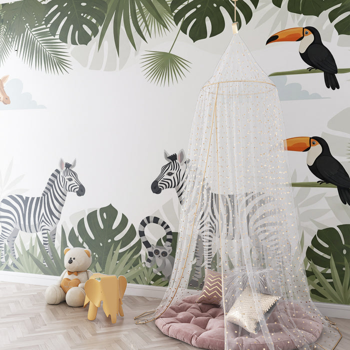 Papel pintado infantil | Safari colorido con jirafa, cebras y tucanes