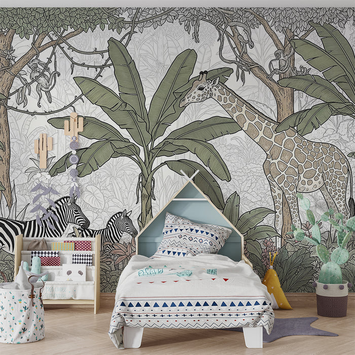 Papel de parede criança | Safari colorido com girafas e zebras