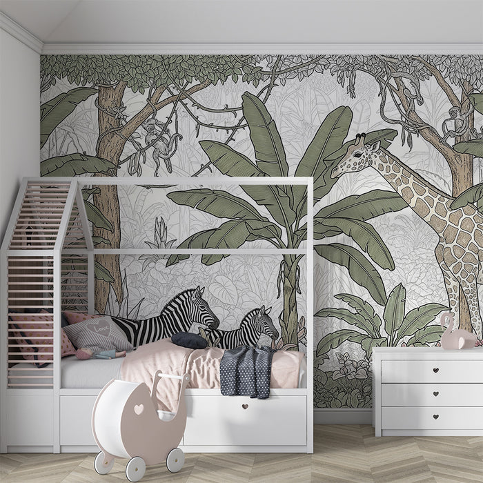Papel de parede criança | Safari colorido com girafas e zebras