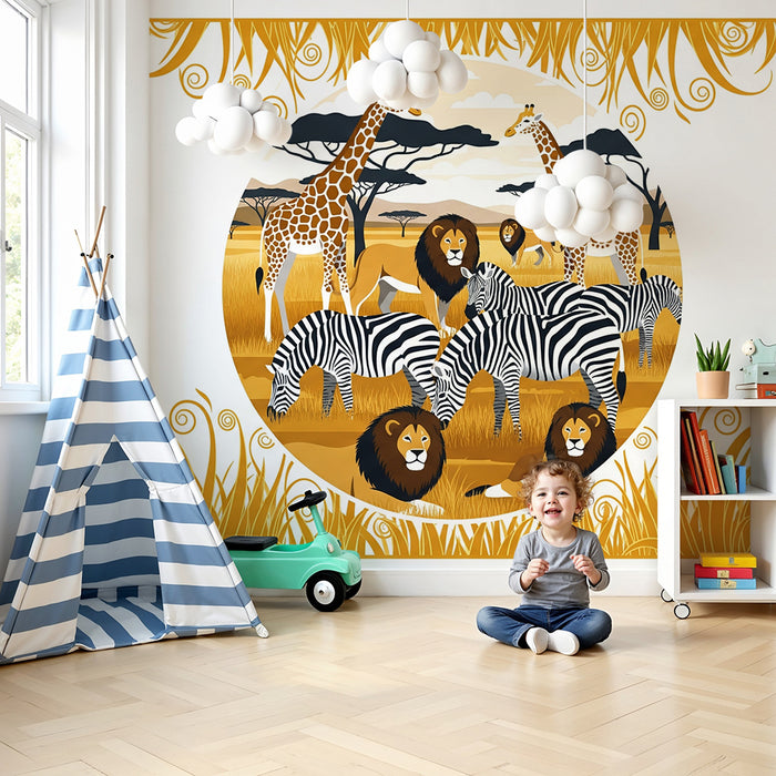 Barntapet | Färgglad safari med giraffer, lejon och zebror