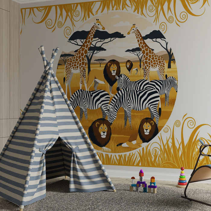 Barntapet | Färgglad safari med giraffer, lejon och zebror