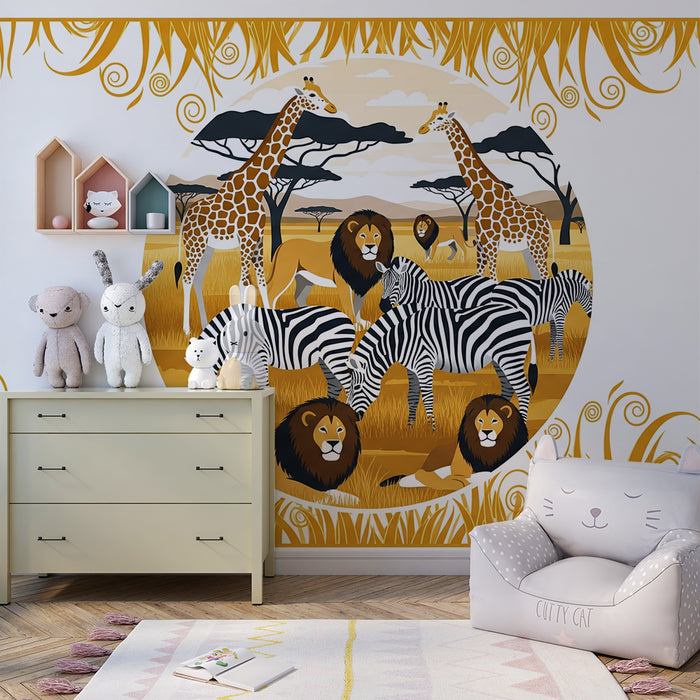 Barntapet | Färgglad safari med giraffer, lejon och zebror