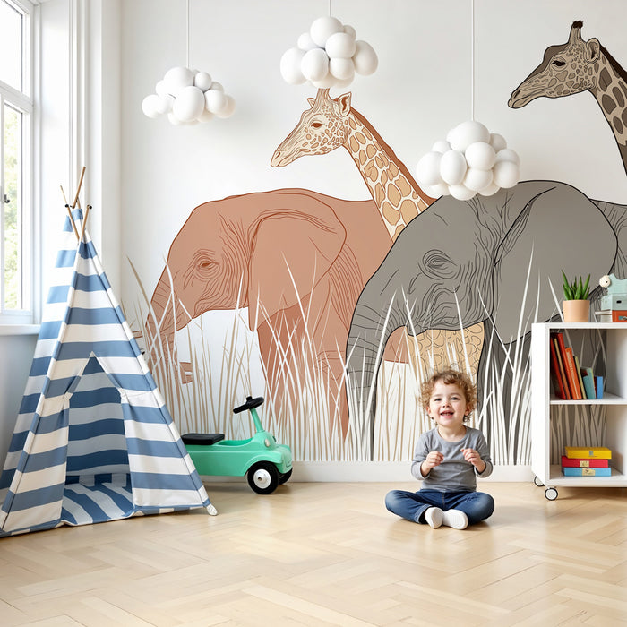 Kinderkamer behang | Majestueuze dieren safari op een witte achtergrond