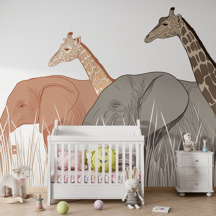 Kinderkamer behang | Majestueuze dieren safari op een witte achtergrond