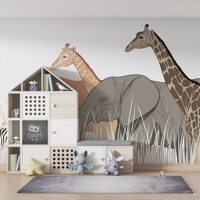 Kinderkamer behang | Majestueuze dieren safari op een witte achtergrond