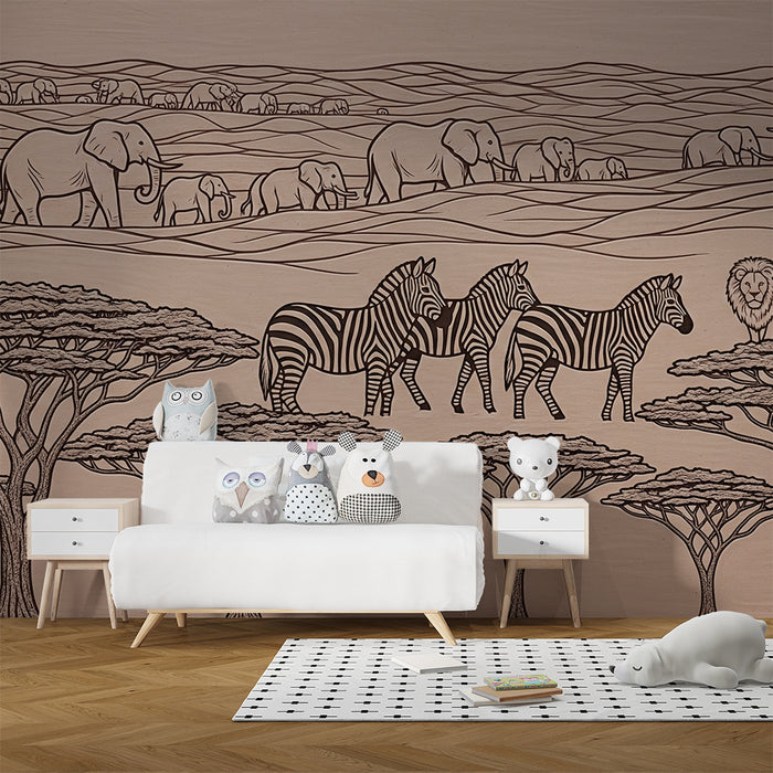 Papel de parede criança | Safari desenhado com elefantes e leões