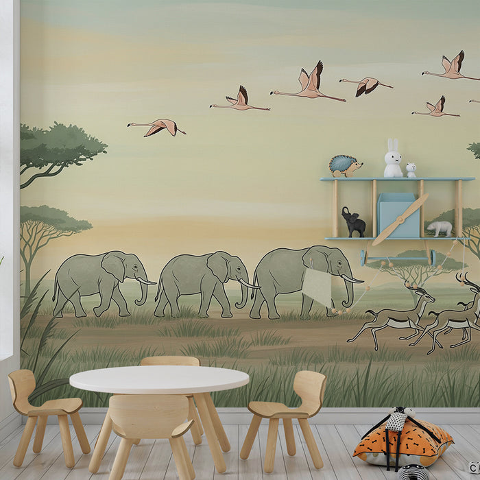 Lastenhuoneen tapetti | Safarilla maan ja ilman välillä elefanttien ja flamingojen kanssa