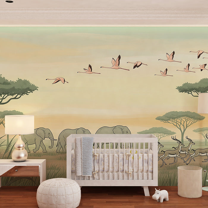 Lastenhuoneen tapetti | Safarilla maan ja ilman välillä elefanttien ja flamingojen kanssa