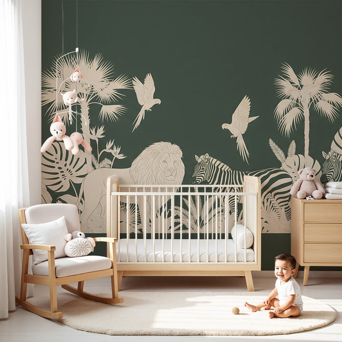 Gyermekszoba tapéta | Egzotikus szafari oroszlánnal és zebrákkal